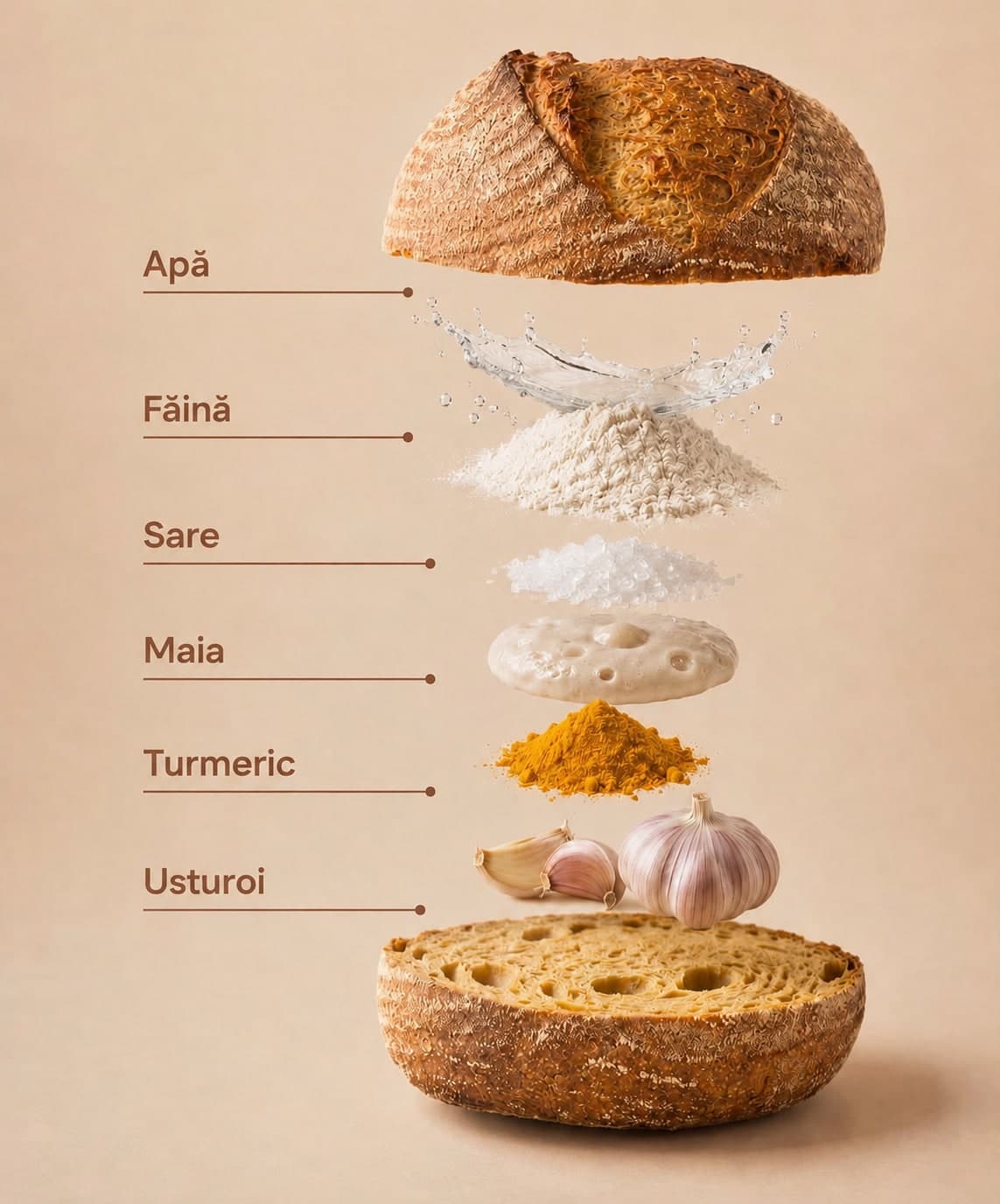 Ingredientele unei pâini cu maia, separate: apă, făină, sare, maia, turmeric și usturoi